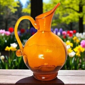 Blenko 656S Tangerine Glass Pitcher 1965 Optic Ribbed Applied Handle Pontil MCM